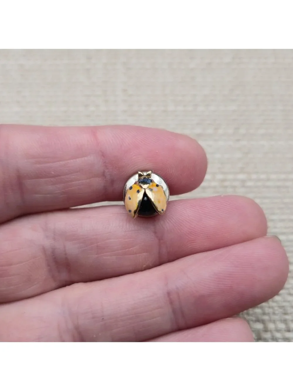 Vintage Yellow and Black Spotted Enameled Ladybug Insect Lapel Pin A8455